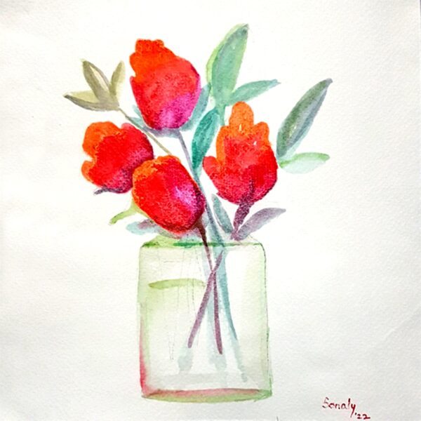 This is an original minimalist watercolor on paper painting of a square shape. The background is paper white with the beautiful Red Tulips in the center, occupying the majority of the artwork. Painted in bright, and vibrant hues of red, orange, and green, the painting is well-balanced and very attractive. This artwork is from my watercolour series called "Flowers". The fluidity of this medium offers a unique opportunity for me to let go and strike a balance between control and freedom, resulting in astonishing effects and outputs. Red Tulips, floral art, online painting selling sites, living artists, modern artwork for sale