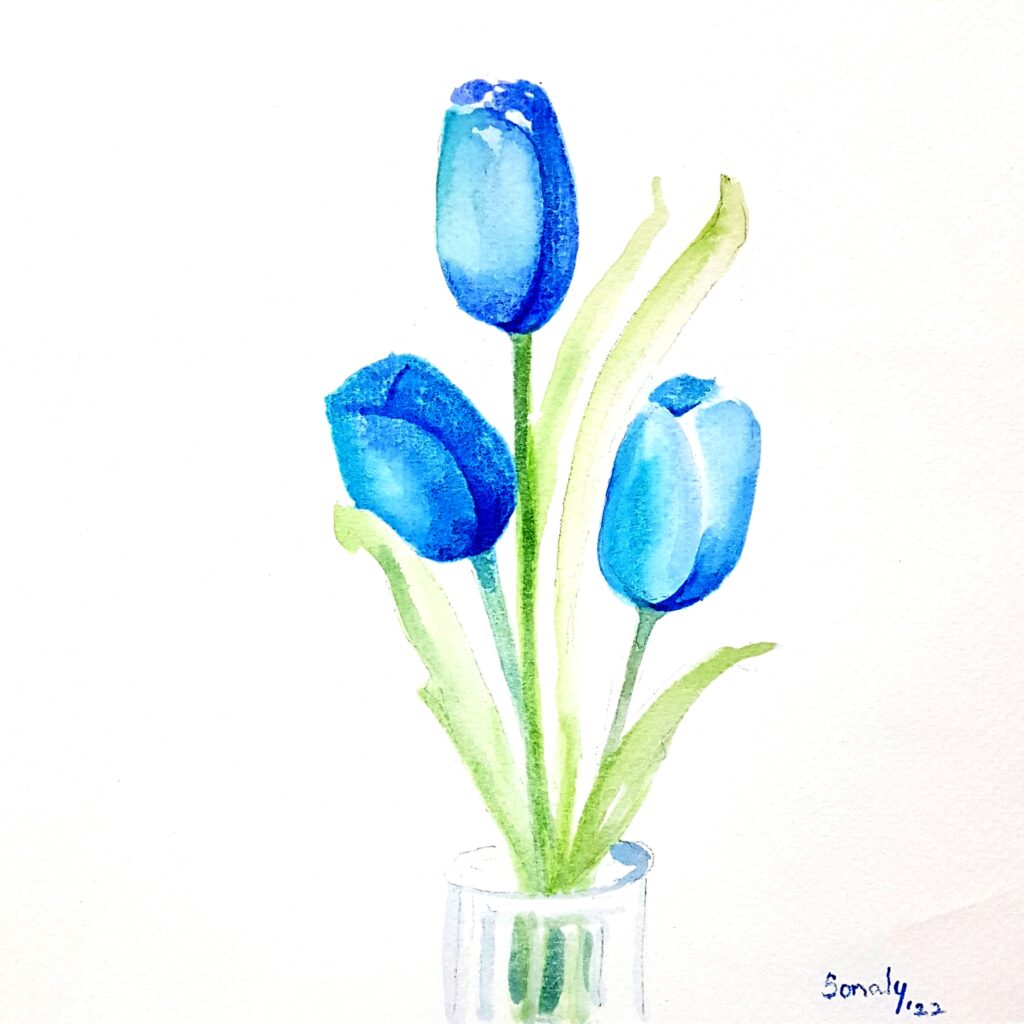 This is an original minimalist watercolor on paper painting of a square shape. The background is paper white with the beautiful Blue Tulips in the center, occupying the majority of the artwork. Painted in bright, and vibrant hues of blue and green, the painting is well-balanced and very attractive. This artwork is from my watercolour series called "Flowers". The fluidity of this medium offers a unique opportunity for me to let go and strike a balance between control and freedom, resulting in astonishing effects and outputs. Blue Tulips, floral painting, online painting selling website, living contemporary artists, modern paintings for sale