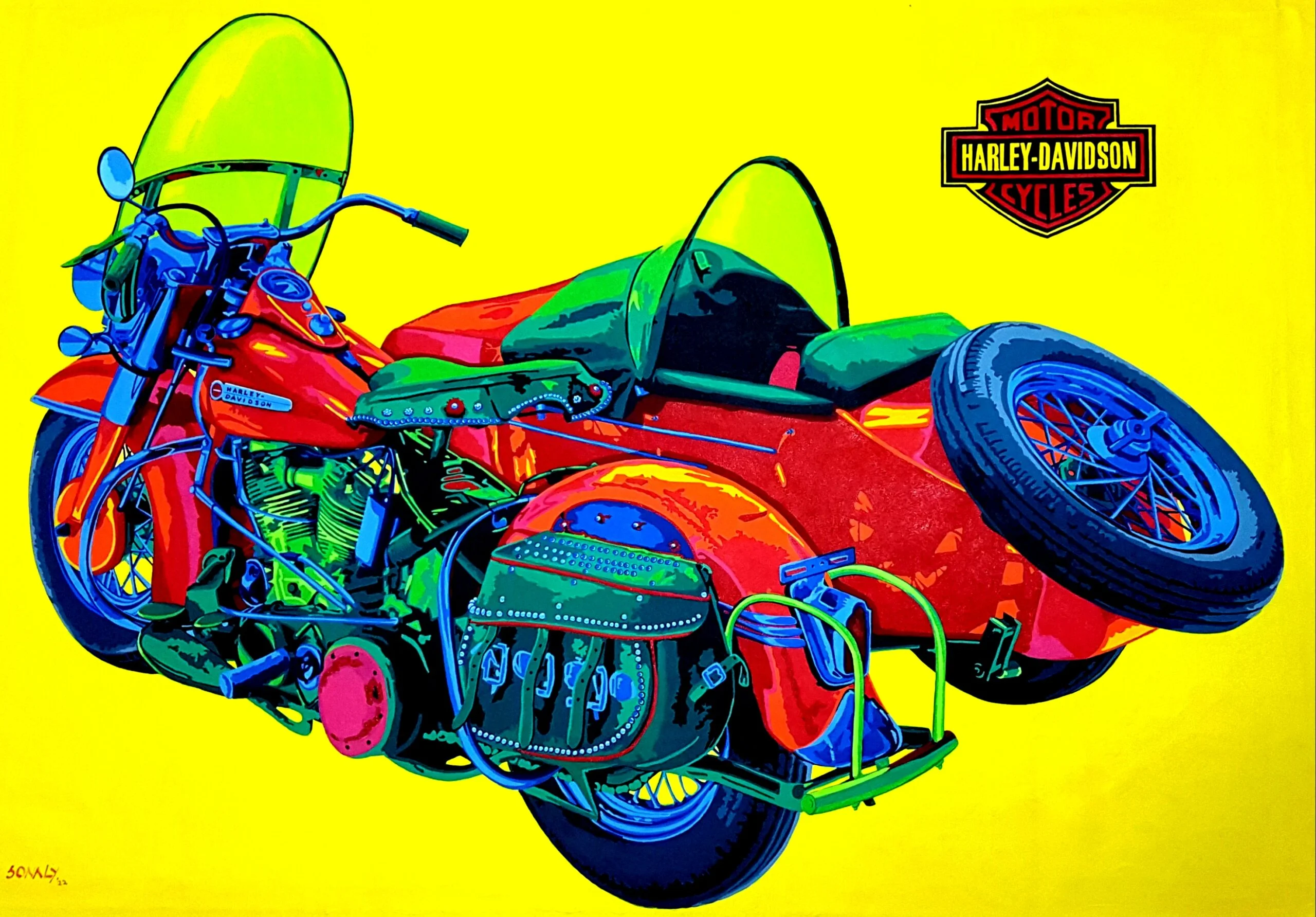 This is an original contemporary POP Art painting of a rectangular shape. It is an acrylic on canvas artwork with the Classic Vintage Motorbike Harley Davidson with sidecar 1950 in the center, and occupying the majority of the canvas. The entire automobile is covered in bright, and vibrant colors of red, yellow, green, blue, orange and more, making the painting well-balanced and very attractive. This artwork is from my series "Automobiles - Classic meets POP" Harley Davidson with sidecar 1950, pop art original, modern paintings online, how to make a painting collection, high end art for sale
