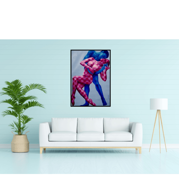 This is an original contemporary figurative painting of a rectangular shape. It is an acrylic on canvas artwork titled "Dancing Couple 3" with a light blue background. Through this composition, I capture the essence of the couple’s dance revealing a poignant scene. The dance pose itself portrays the strength and support of the male partner, as he effortlessly bears the weight of his beloved. It is a testament to the unshakeable bond they share, where she leans in his arms with full trust and confidence, creating a sense of balance and security. I use contrasting hues of pink, peach, and blue with a gentle and soothing shade of light blue in the background to harmonize the composition with contrasting and bold colors and give the viewer a feeling of grace, poise, love, happiness and positivity as they gaze upon my painting. This artwork is from my figurative series called "The Dance" through which I aim to portray the magical world of dance. Enjoy free shipping on all orders, and bring a piece of lovely collectible art home today.