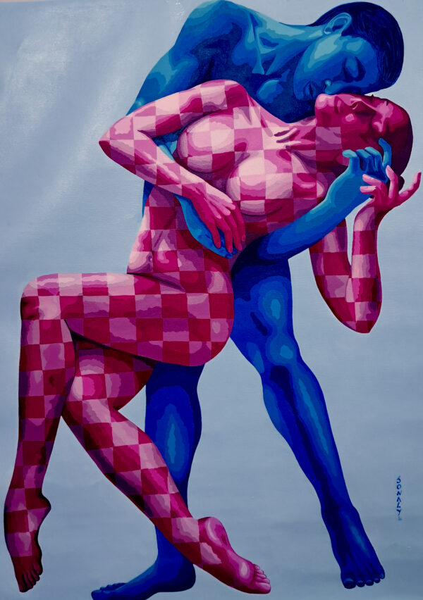 This is an original contemporary figurative painting of a rectangular shape. It is an acrylic on canvas artwork titled "Dancing Couple 3" with a light blue background. Through this composition, I capture the essence of the couple’s dance revealing a poignant scene. The dance pose itself portrays the strength and support of the male partner, as he effortlessly bears the weight of his beloved. It is a testament to the unshakeable bond they share, where she leans in his arms with full trust and confidence, creating a sense of balance and security. I use contrasting hues of pink, peach, and blue with a gentle and soothing shade of light blue in the background to harmonize the composition with contrasting and bold colors and give the viewer a feeling of grace, poise, love, happiness and positivity as they gaze upon my painting. This artwork is from my figurative series called "The Dance" through which I aim to portray the magical world of dance. Enjoy free shipping on all orders, and bring a piece of lovely collectible art home today.